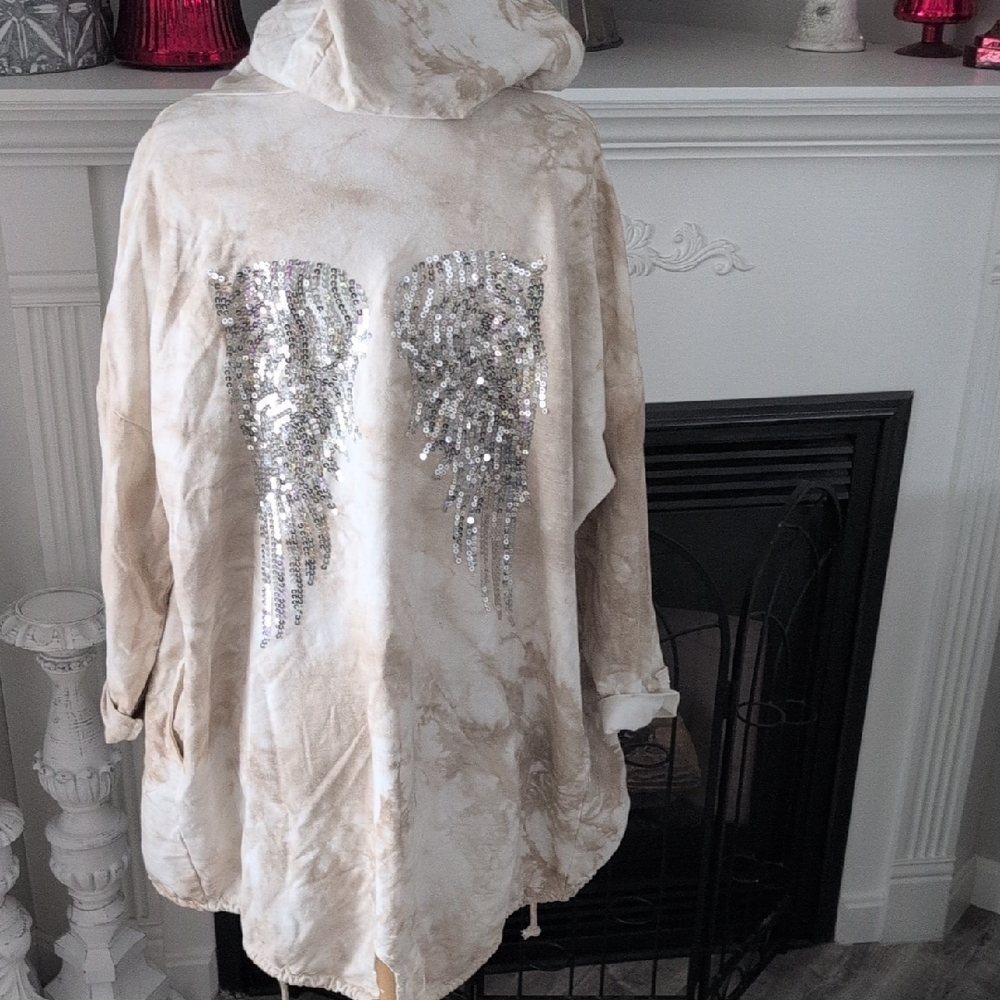 Venti 6 Women's Beige Hooded Jacket with Sequin Angel Wings Detail  Size Medium